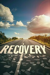 Life without addictions: alcoholism, smoking, drug addiction. The word "RECOVERY" is across the paved highway. Road to recovery begins here.