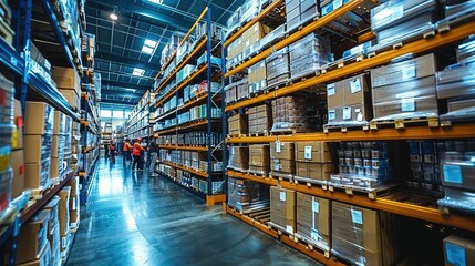 Amidst the towering shelves and bustling activity, workers diligently carry out their tasks in the modern large warehouse