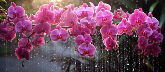 A bunch of pink orchids glisten as raindrops fall upon their delicate petals, refreshing and...