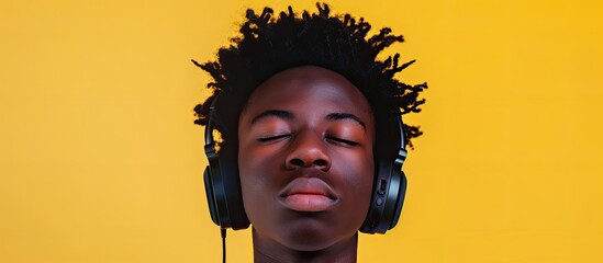 A young Black man is shown wearing headphones on a yellow backdrop. He appears focused on his music, with his ears covered by the headphones.