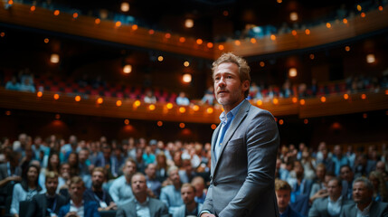 Businessman motivational speaker standing on stage in front of an audience for a speech at conference or business event.