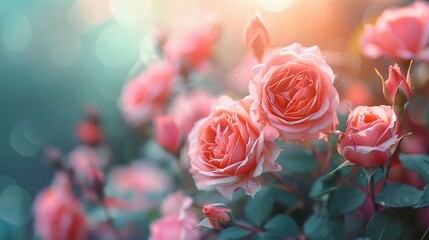 Beautiful summer flowers as background. Blossoming delicate roses on blooming flowers festive background