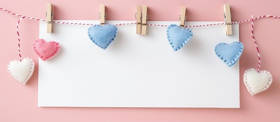 Three felt hearts suspended by clothes pins on a pink background. The hearts are of different...