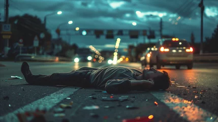 Deurstickers a man lying on the road after being hit by a collision, with a busy road and crowded vehicles in the background, Ai Generated Images © mohammad