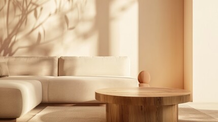 Sofa and wooden table in minimal living room interior