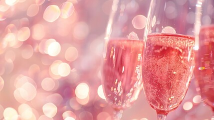 Closeup champagne glasses on blurred glittering pink background - obrazy, fototapety, plakaty