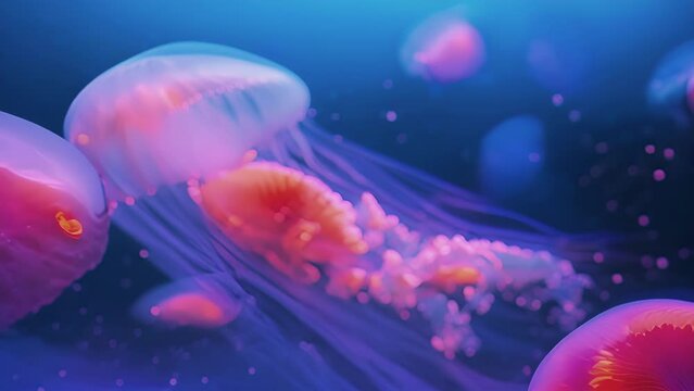 A detailed closeup of a jellyfish showcasing its mesmerizing pulsating rhythm and unique tentaclelike structures.