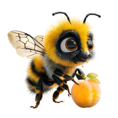 A 3D animated cartoon render of a cartoon bee carrying a tiny nectarine.
