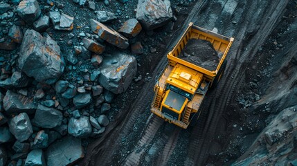 Large quarry dump truck. Big yellow mining truck at work site. Loading coal into body truck. Production useful minerals. Mining truck mining machinery to transport coal from open-pit production aerial