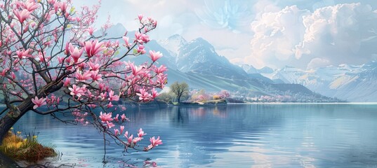 Lake view blooming magnolia tree  - obrazy, fototapety, plakaty