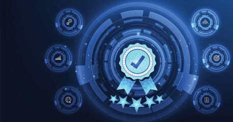 Quality management and validation process concept. Quality Assurance (QA) and Quality Control (QC), ISO certification, The icon for quality assurance is on a dark blue background.