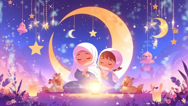 Cute moslem child praying at the night of ramadan. Big moon and stars ornament background. Eid Mubarak celebration day. Enchanted 4k loop animation video