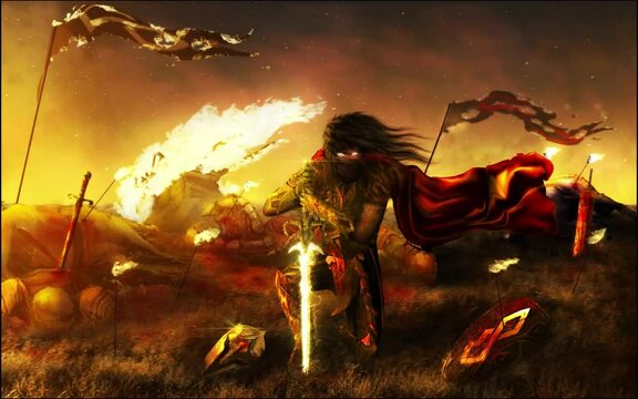the aftermath of a medieval war with a warrior holding his sword in the burning battlefield