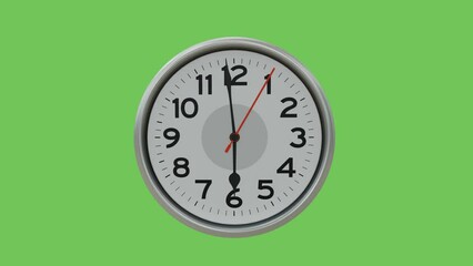 3D rendered last 1 minute of 6 o'clock wall analog clock animation with green screen background, ending 1 minute with ticking clock.