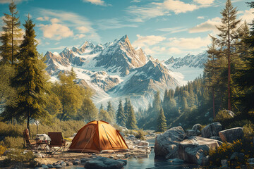 Tents and Hot Air Balloons in the Forest - Illustration of Camping Exploration Concept