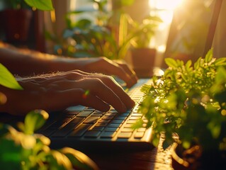 Close-up of productive typing in a green, sunlit office, ergonomic design and nature in perfect harmony - obrazy, fototapety, plakaty