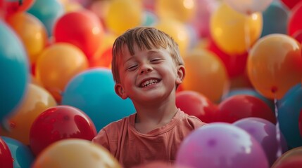 Fototapeta na wymiar Cute boy with Down syndrome, radiating joy, surrounded by colorful balloons, symbolizing happiness and celebration