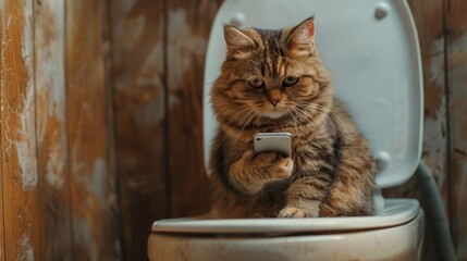 Domestic cat in a human-like pose on toilet, absorbed in smartphone content, playful atmosphere