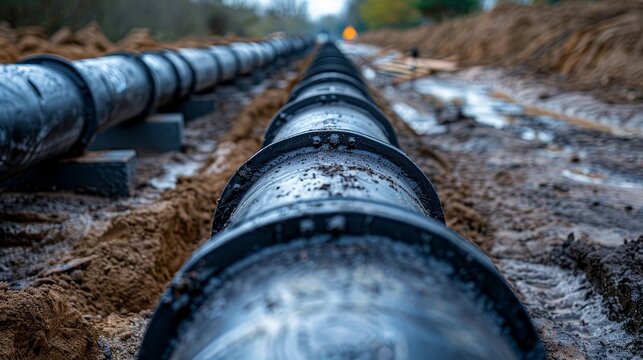 Closeup of a row of drainage pipes in dirt, aligned for efficient water management, showcasing the pre-installation phase