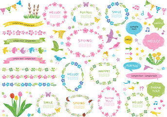 春　植物　花　小鳥　イラストフレームセット