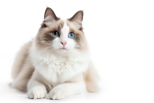 Pretty bicolor Ragdoll cat, Facing front Looking at the camera with dark blue eyes. Isolated on a white background