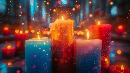 burning candles, colorful, rows, bokeh, magical  - obrazy, fototapety, plakaty