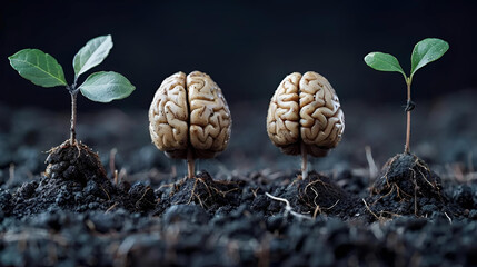 Human brain and green sprout growing out of soil. Concept of healthy mind and growth.