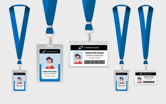 Blue ribbon lanyard design. Name badge lanyard with plastic labels. Place for branding design. Vector illustration of lanyard.