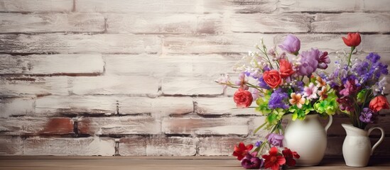A side view of a white vase on a wooden table against a brick wall, filled with an abundance of vibrant and diverse flowers in shades of violet, red, and green.