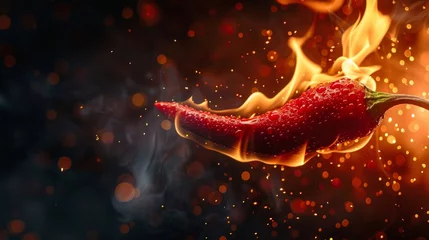 Rolgordijnen Red hot chili pepper on black background with flame © Nataliya