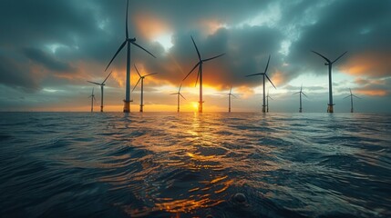 wind turbines in the ocean at sunset, sunrise - obrazy, fototapety, plakaty