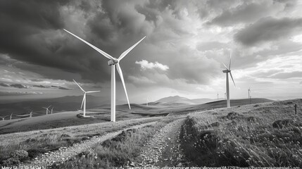 wind turbines in the mountains at sunset, sunrise, black and white image - obrazy, fototapety, plakaty