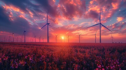 wind turbines in the field at sunset, sunrise - obrazy, fototapety, plakaty