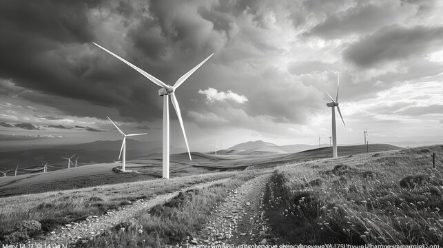 wind turbines in the mountains at sunset, sunrise, black and white image