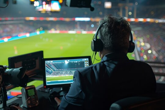 Sports commentator at a soccer game in a broadcasting booth.