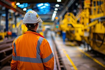 Worker in high-visibility jacket in an industrial setting.