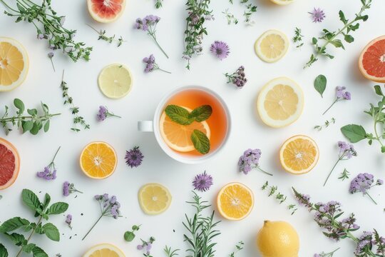 Overhead shot of herbal tea surrounded by various herbs and citrus slices on a white background.