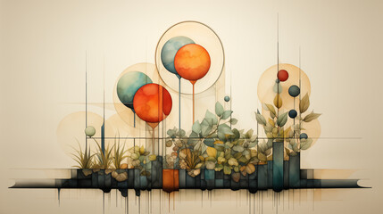 Modern abstract botanical artwork featuring geometric shapes and plants with a warm, neutral color palette.