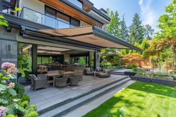 Obraz premium Modern house exterior with an open patio and awning.