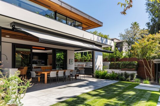 Modern house exterior with an open patio and awning.