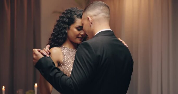 Couple, dance and event romance at party for commitment, connection or music night. Man, woman and relationship activity at gala ceremony for luxury social weekend or love support, classy or evening