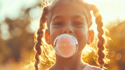 Innocent Childhood Joy: Young Girl with Braided Hair Blowing Pink Bubblegum in Magical Sunlight...