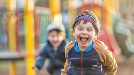 Dynamic Youth: Two Boys in Baseball Caps Laughing and Racing on Playground at Recess