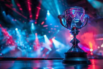Trophy on a table with dramatic lighting and a futuristic stage background.