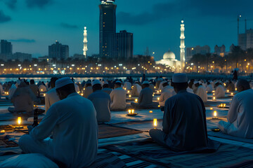Muslim prayers in white clothes sitting in mosque at Ramadan night with selective focus. Neural network generated in January 2024. Not based on any actual scene or pattern.