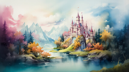 Majestic among misty mountains, a fairytale castle rises, its reflection shimmering in the tranquil lake, mirroring the vibrant hues of autumn trees. Watercolor painting illustration.