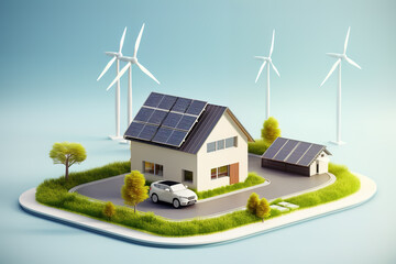 3D Illustration of Wind Power Roof Photovoltaic Green Town - obrazy, fototapety, plakaty