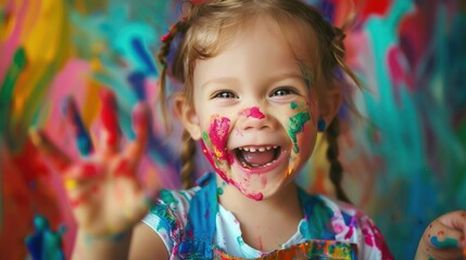Adorable Young Girl in Kindergarten proudly showing her Colorful Finger Painting with Joy and Pride