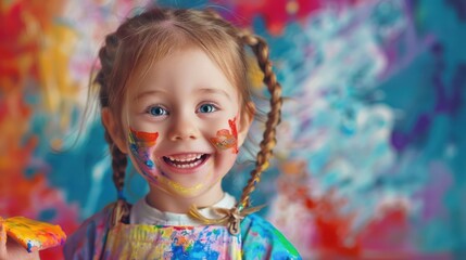 Excited Kindergarten Girl with Braided Hair Proudly Displays Vibrant Finger Painting Artwork, Capturing Joy of Creative Expression and Playful Learning Moment