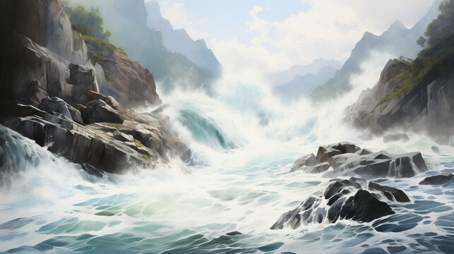 A watercolor landscape capturing the power of a crashing waterfall surrounded by rocky cliffs. Watercolor painting illustration.